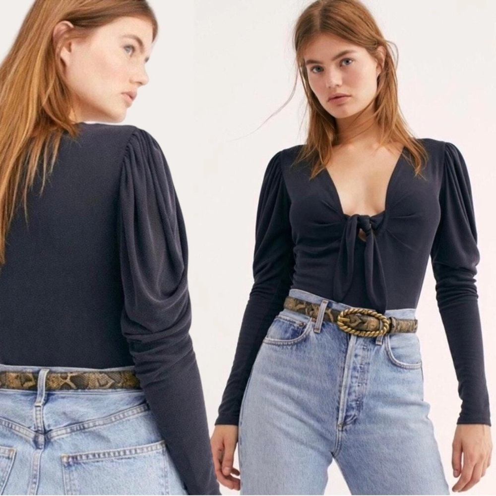 Free People Tie The Knot Top Ribbed Puffed Long Sleeves Black